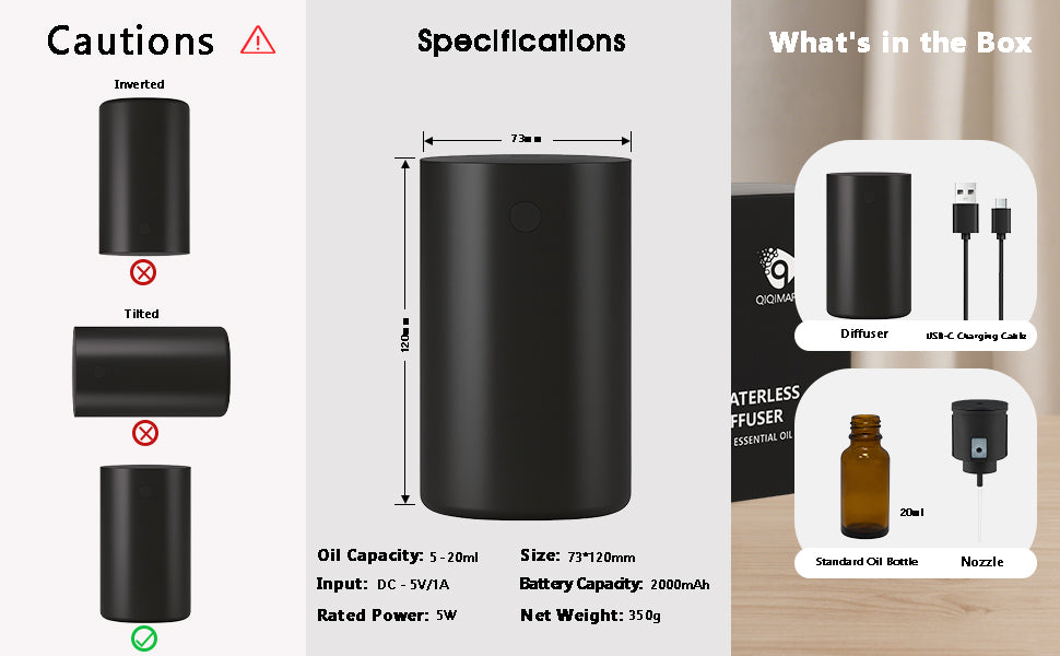 Waterless Diffuser for Essential Oil Rechargeable Scent Diffuser - Black